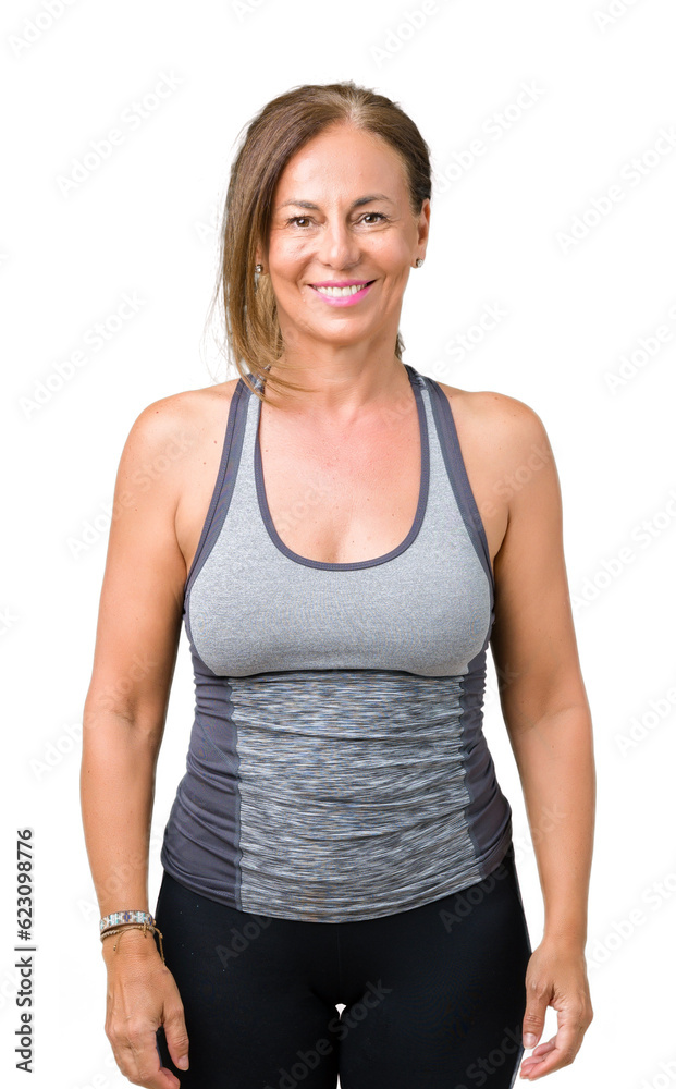 Poster Beautiful middle age woman wearing sport clothes over isolated background with a happy and cool smile on face. Lucky person.