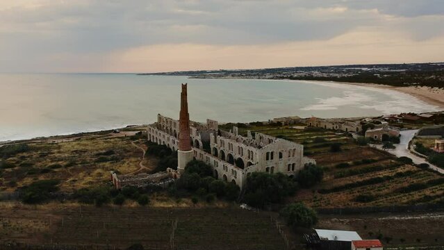 Ruined factory Fornace Penna at Punta Pisciotto Sicily Italy Aerial view