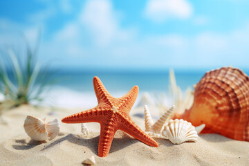 Fototapeta na wymiar beautiful starfish and seashells on sand beach, generative ai