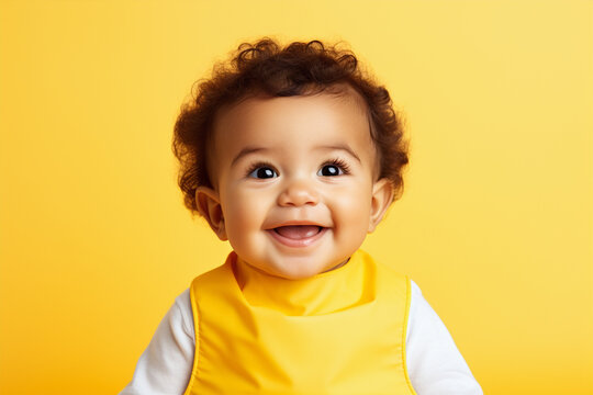 Cute Baby Wearing Bib On Yellow Background, Generative Ai