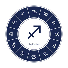 Sagittarius sign . Vector illustration. Sagittarius zodiac sign symbole on white background horoscope astrology. Zodiac sign. Astrological calendar. Zodiacal black and white vector horoscope. Line