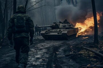 Fototapeta na wymiar War Scene with Tank in Russia-Ukraine Conflict
