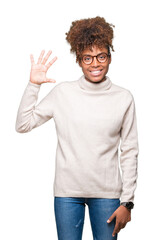 Beautiful young african american woman wearing glasses over isolated background showing and pointing up with fingers number five while smiling confident and happy.