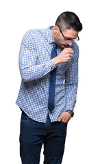 Young business man wearing glasses over isolated background feeling unwell and coughing as symptom for cold or bronchitis. Healthcare concept.