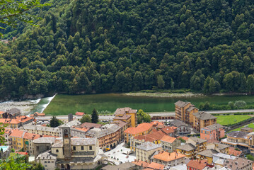 aerial shot of the Sesia river which crosses the city of varallo - obrazy, fototapety, plakaty