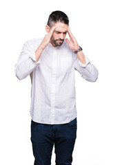 Young business man over isolated background with hand on head for pain in head because stress. Suffering migraine.