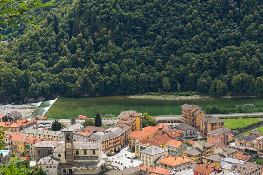 aerial shot of the Sesia river which crosses the city of varallo