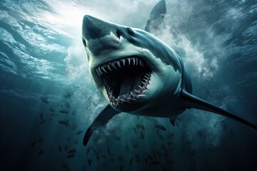 Fototapeta premium A ferocious great white shark attacks. Great for posters, wildlife stories, book covers and more.
