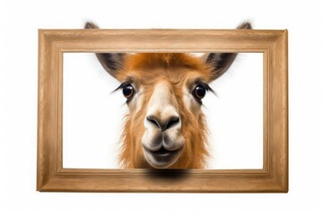 Lama looks into a photo frame isolated on a white background.