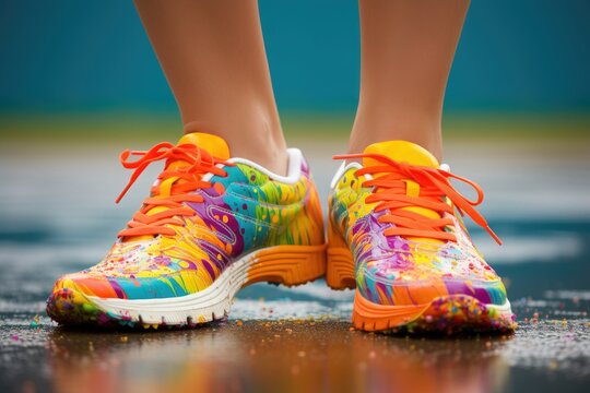 Women's legs in bright multi-colored white running shoes on the track.