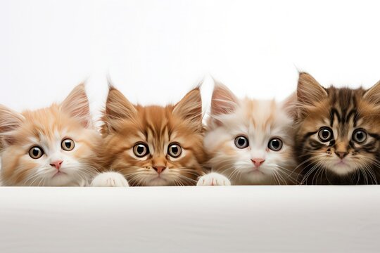 Kittens peek behind a white banner on a white background.