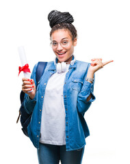 Young braided hair african american student girl holding degree over isolated background very happy pointing with hand and finger to the side