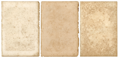 set / collection of three stained grungy vintage / antique paper sheets with ripped borders, retro book page backgrounds, textures or collage design elements, isolated over transparency, PNG