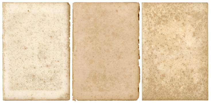 set / collection of three stained grungy vintage / antique paper sheets with ripped borders, retro book page backgrounds, textures or collage design elements, isolated over transparency, PNG