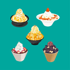 Sweet Korean Bingsu ice-cream with different flavour. Traditional desserts milk ice cream hand drawn vector illustration