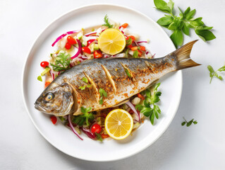 Baked fish dorado with lemon and fresh salad