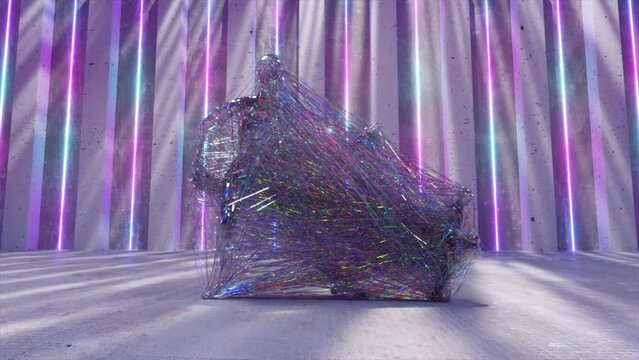 Side view of a large diamond human statue is connected with colored transparent threads with a small running figure. 
