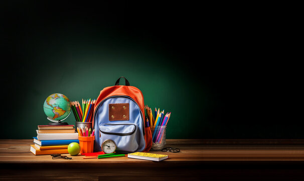 Back to school background with books and apple over blackboard. School bag and stuff on cork blackboard background with copy space, study education concept copy space