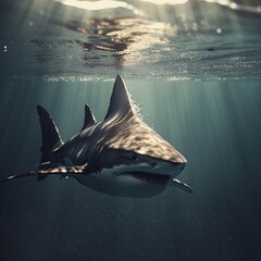 A great white shark on the prowl underwater. Great for posters, wildlife stories, book covers and more.