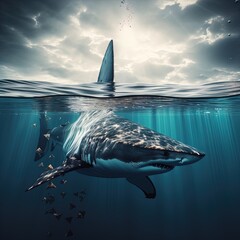 A great white shark on the prowl underwater. Great for posters, wildlife stories, book covers and more.