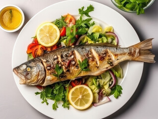 Baked fish dorado with lemon and fresh salad