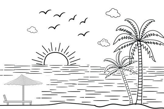 
Summer sunset tropical beach line art vector illustration, hand drawn sunset and sunrise outline landscape tropical beach, palm tree with sunset waves Nature view, Kids drawing Beach coloring pages
