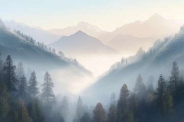 Beautiful illustration of mountains and forests in the fog.