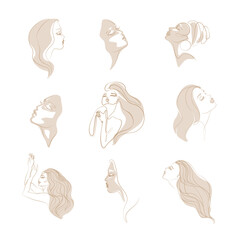 Girls set. Profile beautiful girl with long hair one line art. Beautiful woman fashion abstract female portrait, isolated vector illustration. Print and logo design for spa or beauty salon.