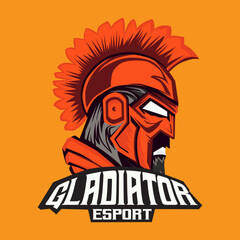 Illustration of gladiator esport logo, orange background, in the style of expressive character design