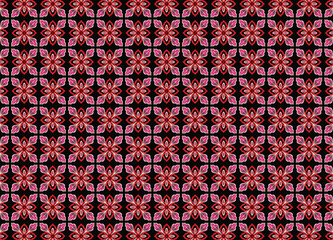 Red pink floral fabric on black abstract tribal geometric shapes symmetry classic style retro vintage background wallpaper print clothing illustration vector rug tile