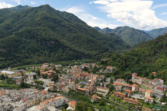 aerial shot of the Sesia river which crosses the city of varallo