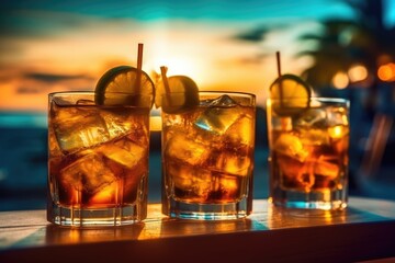 Summer cocktails on luxury tropical beach resort on the Sunset.  AI Generative
