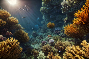Naklejka na ściany i meble Undewater world landscape, reef, sea bottom with corals and seaweeds 