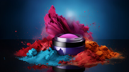 Cosmetic branding, make-up concept - Beauty face jar,eyeshadow palette and paint splash on blue background, make-up and cosmetics product for luxury beauty brand.Generative AI - obrazy, fototapety, plakaty