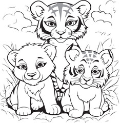 Fototapeta na wymiar 3 Baby Tiger- 3 tiger cub cartoon outline illustration. Coloring book for children. Black and white vector drawing. 