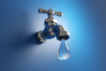 Classical silver water tap (faucet) dripping a large water droplet on blue background in minimalism. Illustration of the concept of saving water and pipe leakage - obrazy, fototapety, plakaty