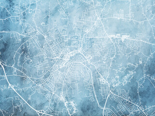 Illustration of a map of the city of  Woonsocket Rhode Island in the United States of America with white roads on a icy blue frozen background.