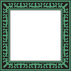 Vector green with black Square Kazakh national ornament. Ethnic pattern of the peoples of the Great Steppe, Mongols, Kyrgyz, Kalmyks, Buryats. Square frame border..