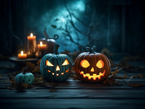 Pumpkin Jack-O-Lantern surrounded by halloween decor