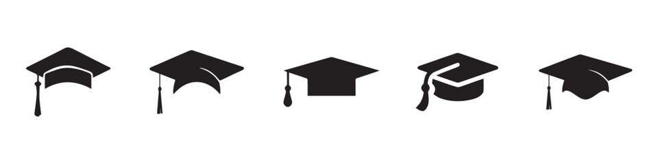 Graduation hat cap icons set. Academic cap. Graduation student black cap and diploma. Vector Illustration. Vector Graphic. EPS 10 - obrazy, fototapety, plakaty