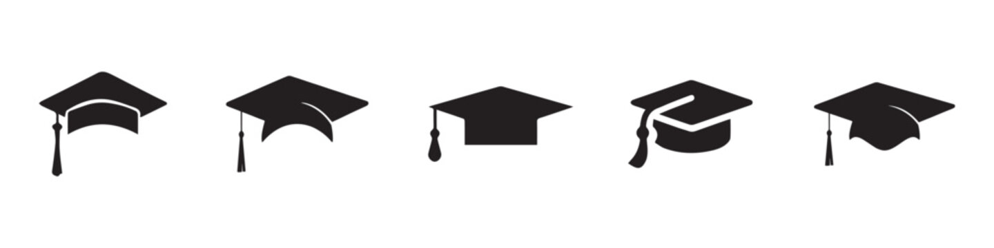 Graduation hat cap icons set. Academic cap. Graduation student black cap and diploma. Vector Illustration. Vector Graphic. EPS 10