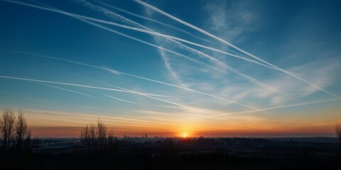 Fototapeta premium Sunset Full of Contrails, in the Style of Environmental Activism, Embracing Shades of White and Light Blue