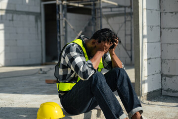 Frustrated man working or sitting at his working place in outside architectural project at construction site