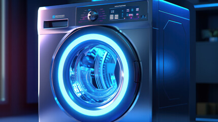 Modern washing machine with laundry, closeup digital control display - obrazy, fototapety, plakaty