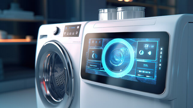 Modern washing machine with laundry, closeup digital control display