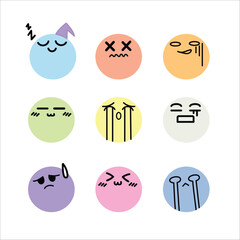 Emoji set, Faces emotions, expressive faces, Kawaii cute faces, Flat design, Pastel icons,  and Vector illustration icons set