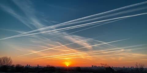 Sunset Full of Contrails, in the Style of Environmental Activism, Embracing Shades of White and Light Blue - Powered by Adobe