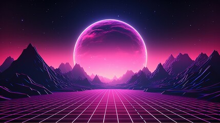Synthwave Retro Future Grid background with pink round