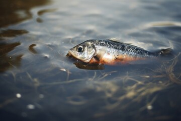 dead fish in the water, Photographic Close-Up of a Dead Fish Drifting on the Water Surface, Bathed in Natural Light Amidst Oiled Waters