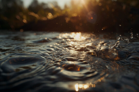 Nature, water and flow with river in forest for environment, clean energy and sustainability. Ai generated, ripples and texture with closeup of riverbed stream in garden for ecology and sunrise
